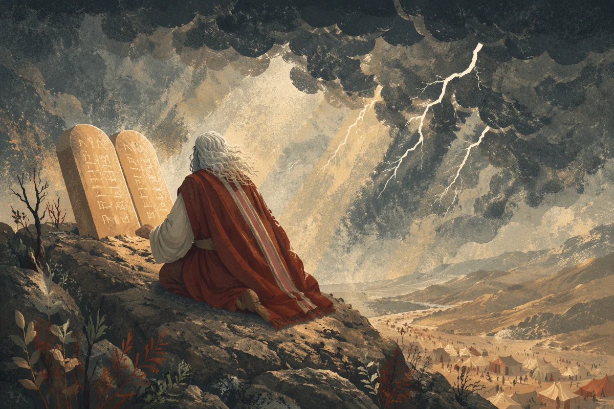 Ten Commandments Tablets on Stormy Mountain