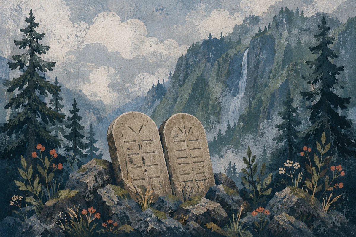 Ten Commandments Tablets on Misty Mountain