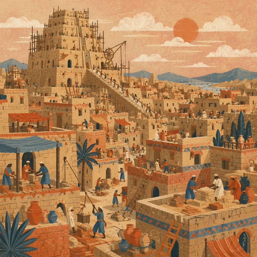 Ancient Babel Tower Rising Over Hillside City