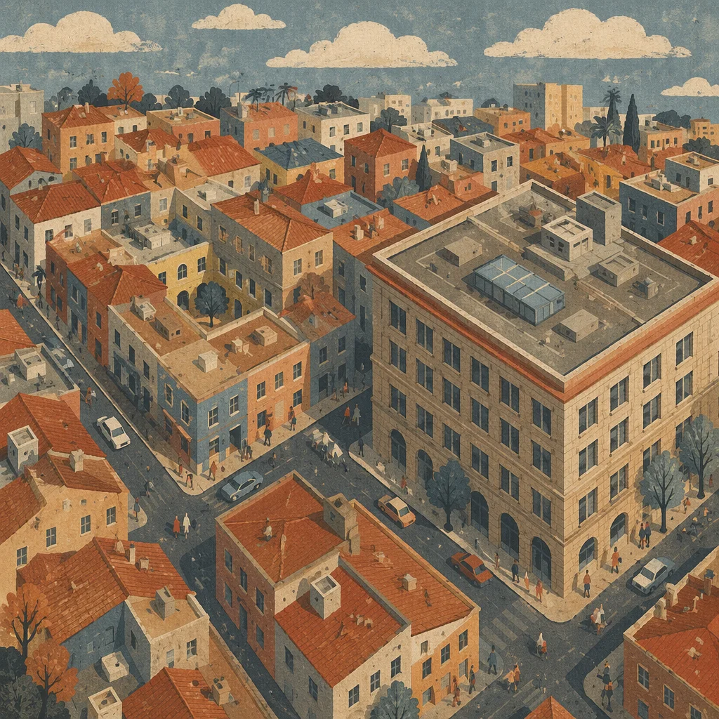 Aerial Urban Office Rooftops at Dusk