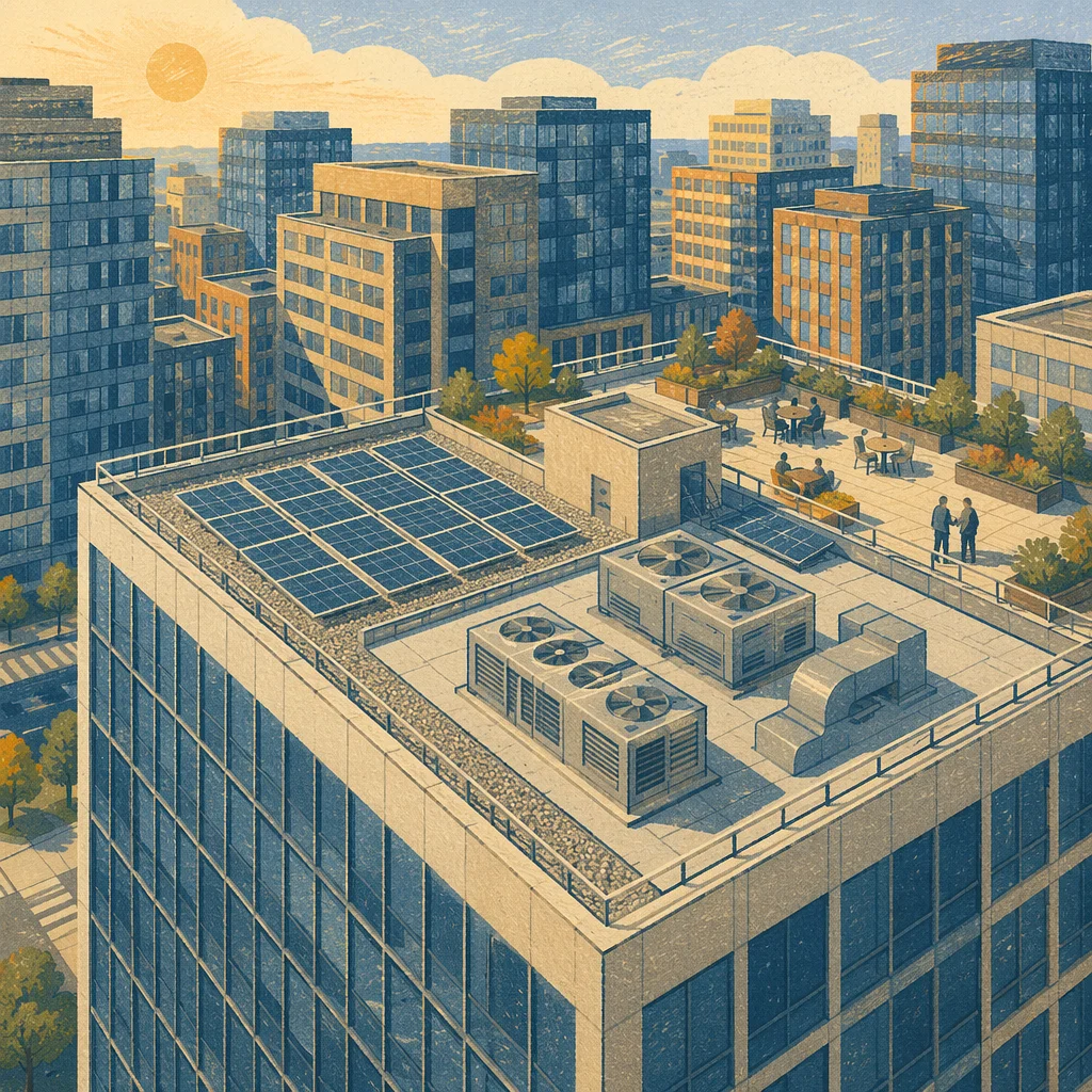Sunrise Aerial Office Rooftop in Urban District