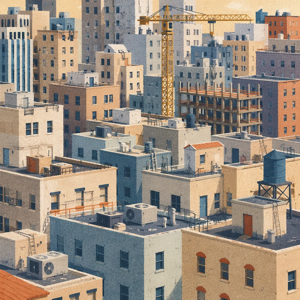 Aerial Urban Rooftops with Construction Crane