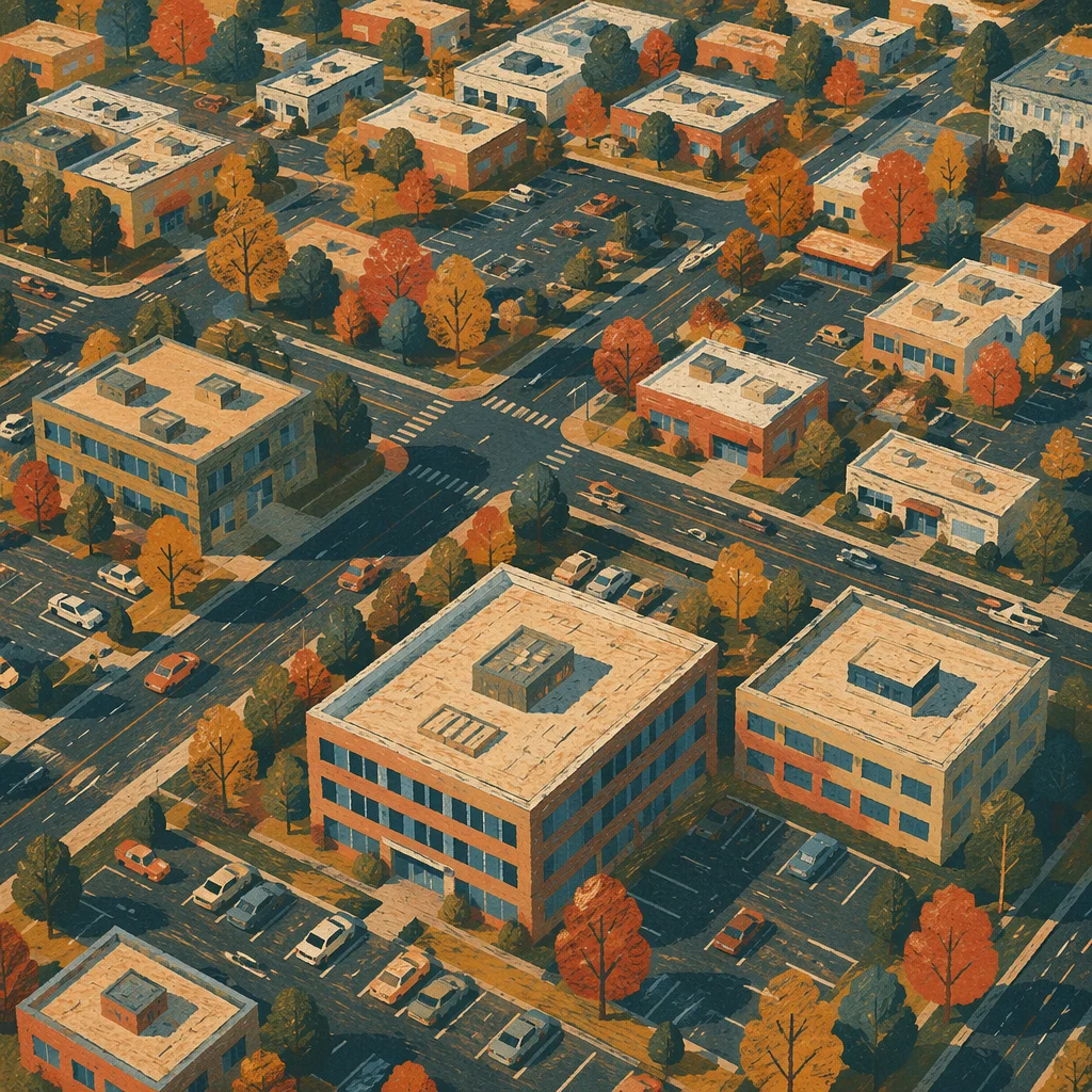 Aerial Urban Office Rooftops at Golden Hour