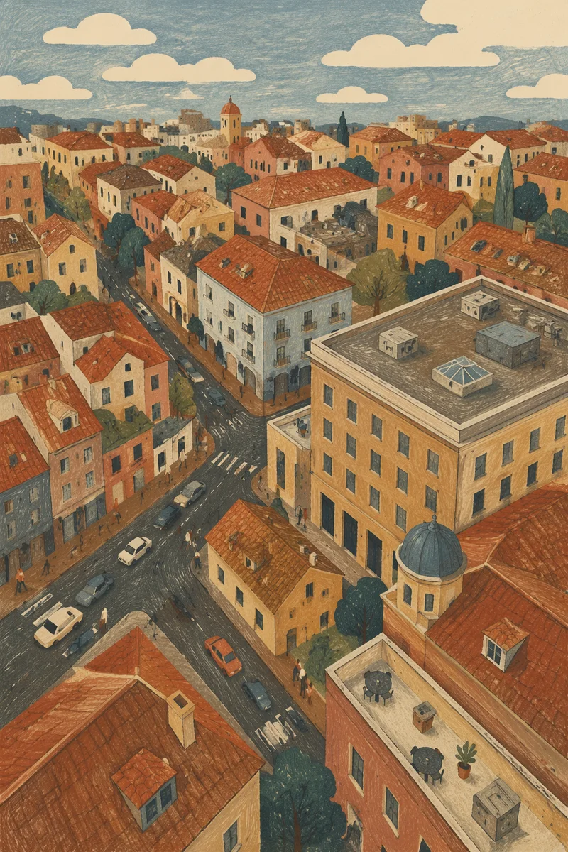 Aerial Urban Office Rooftops in Business District