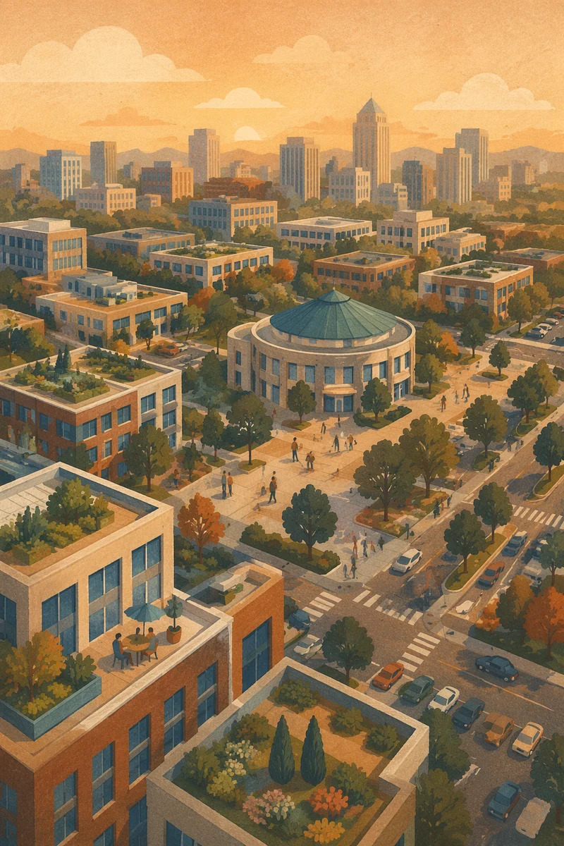 Golden Hour Urban Office Rooftop View