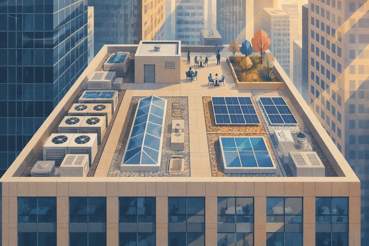 Urban Office Rooftop at Sunrise Aerial
