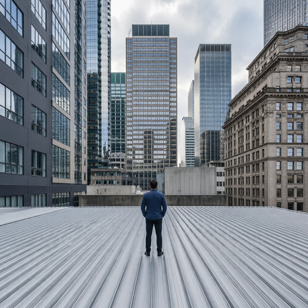Business Leader Overlooking Urban Rooftop Skyline