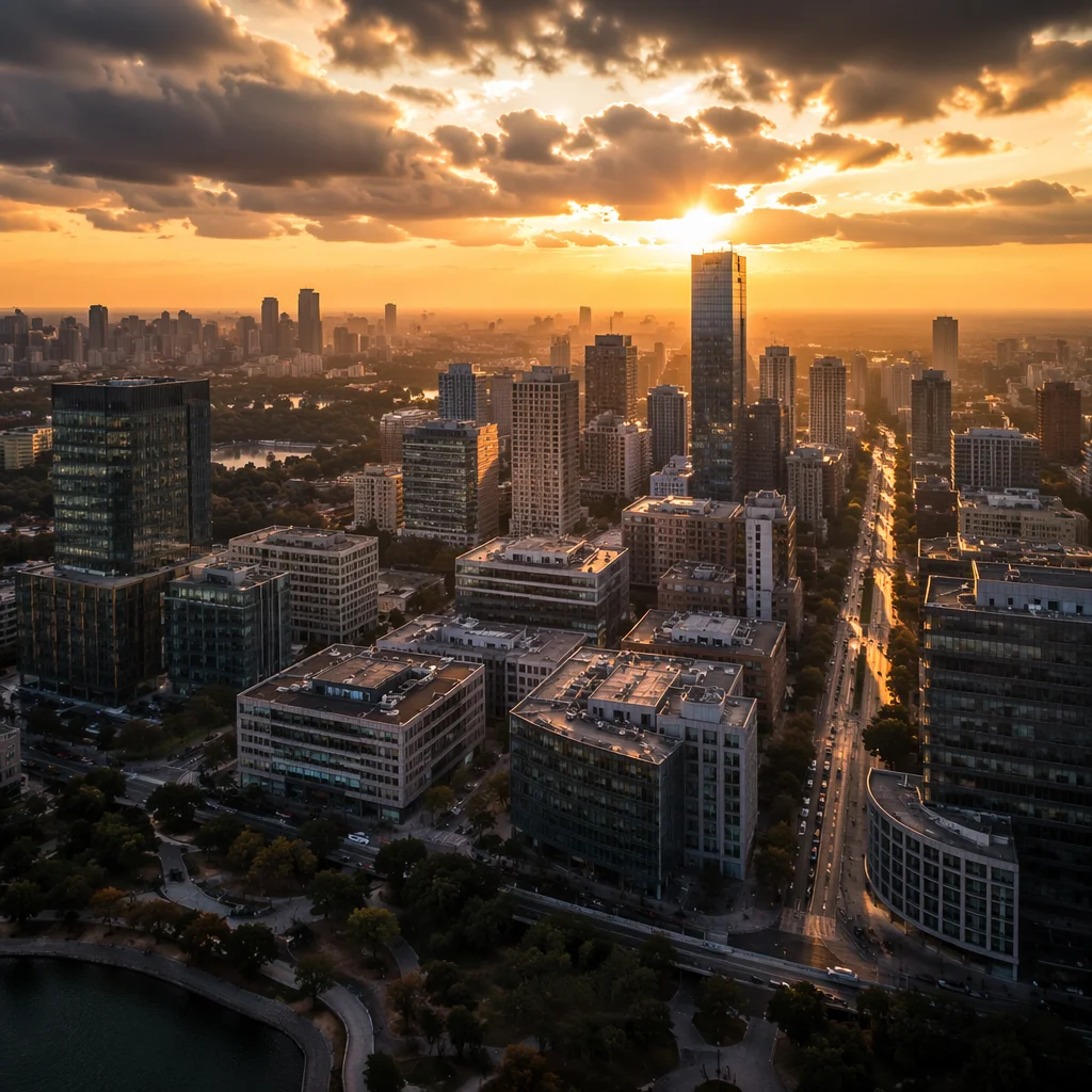 Golden Hour Aerial Business District Rooftops