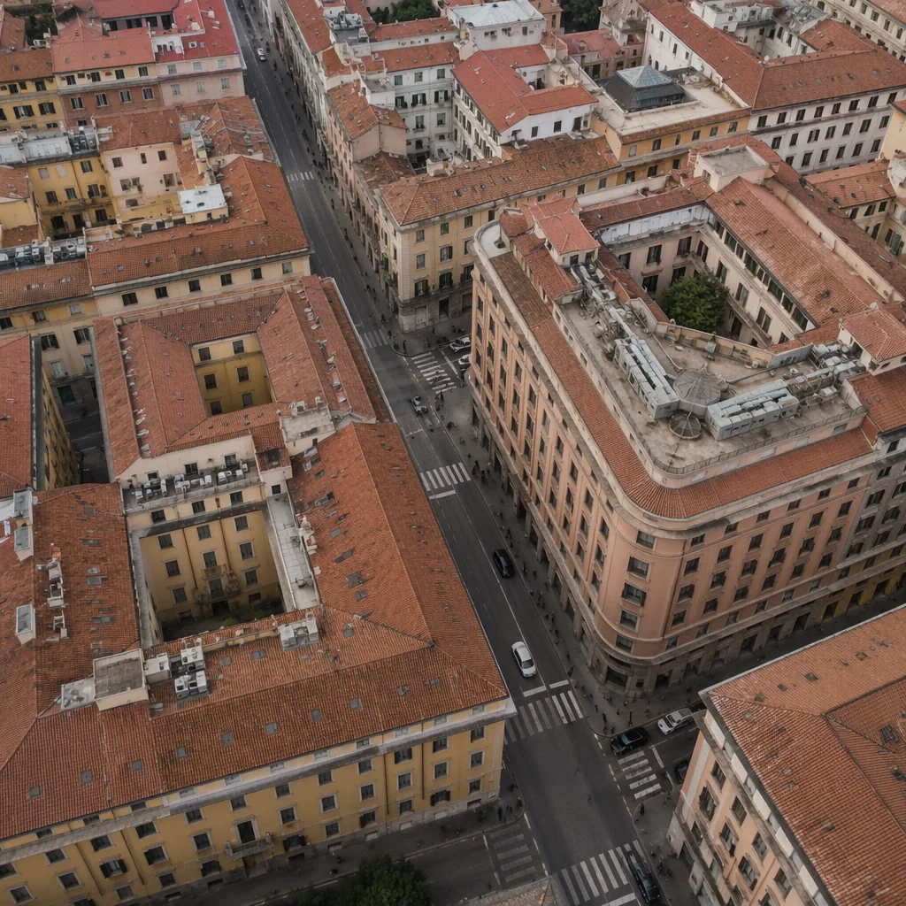 Aerial Urban Office Rooftops at Dusk