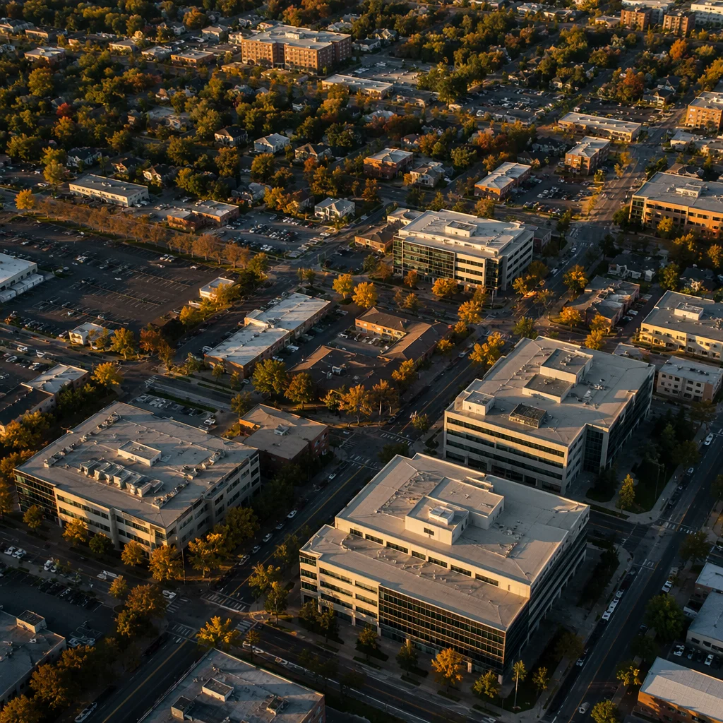 Aerial Urban Office Rooftops at Golden Hour