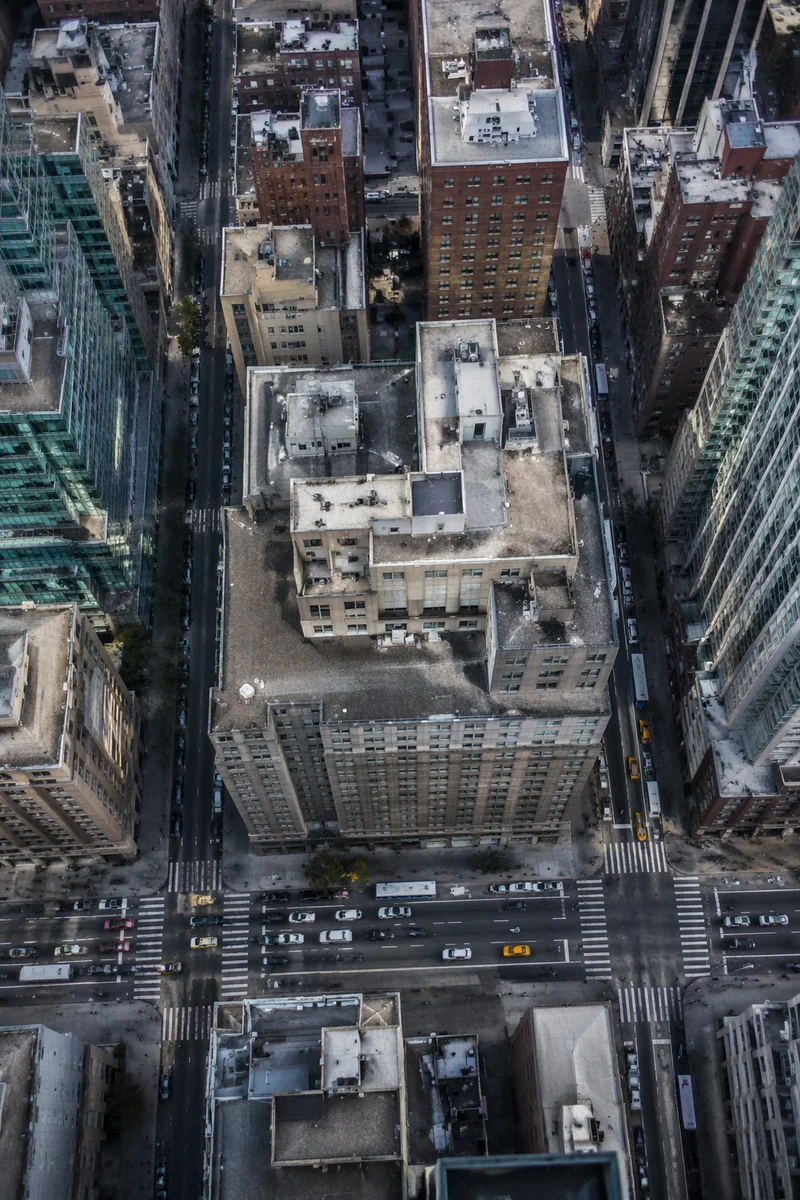 Aerial Downtown Office Rooftops and Traffic