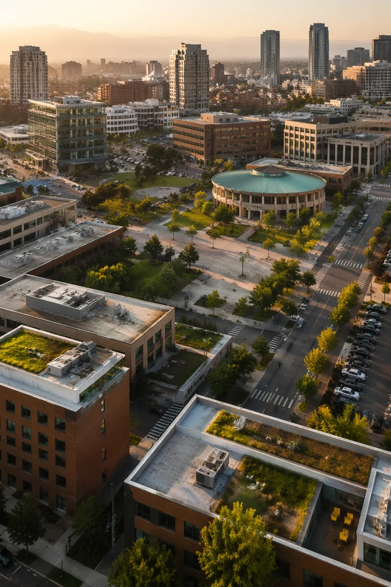 Golden Hour Aerial Urban Office Rooftops