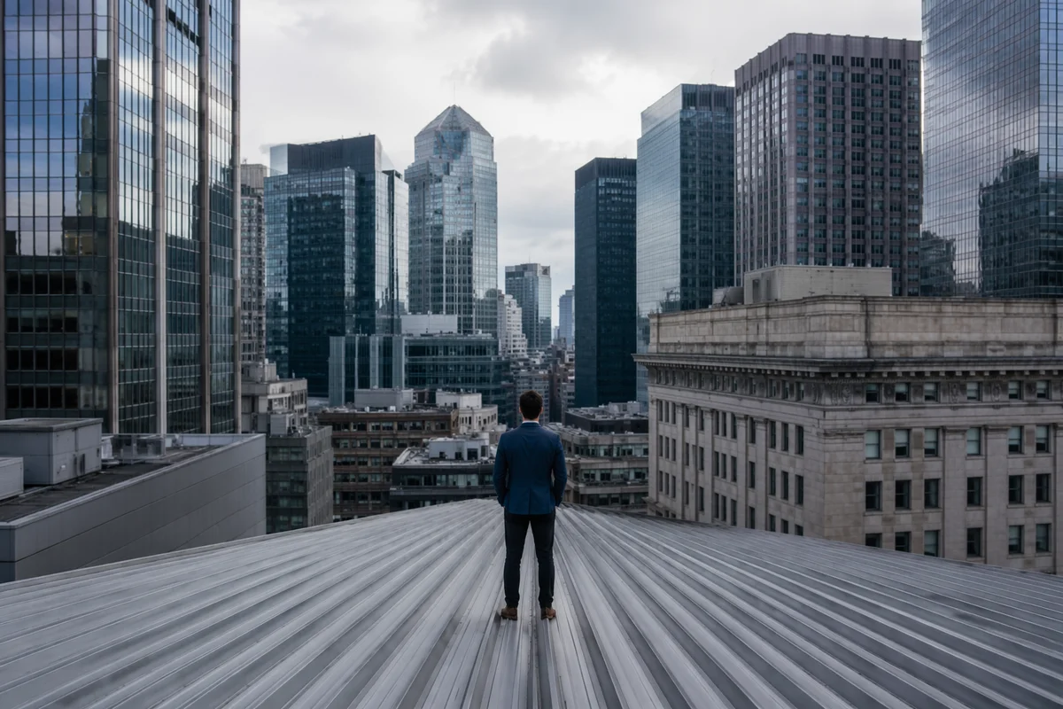 Businessperson Overlooking Urban Office Rooftops