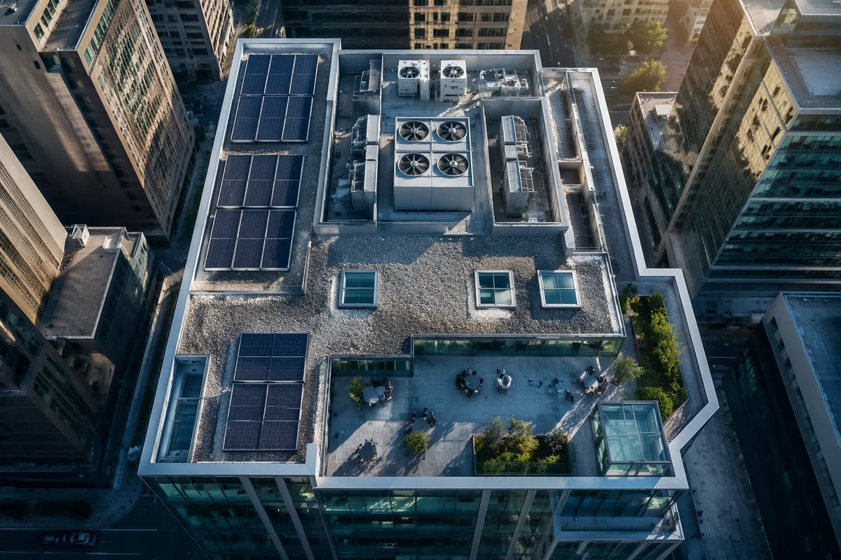 Aerial Rooftop View of Urban Office Building