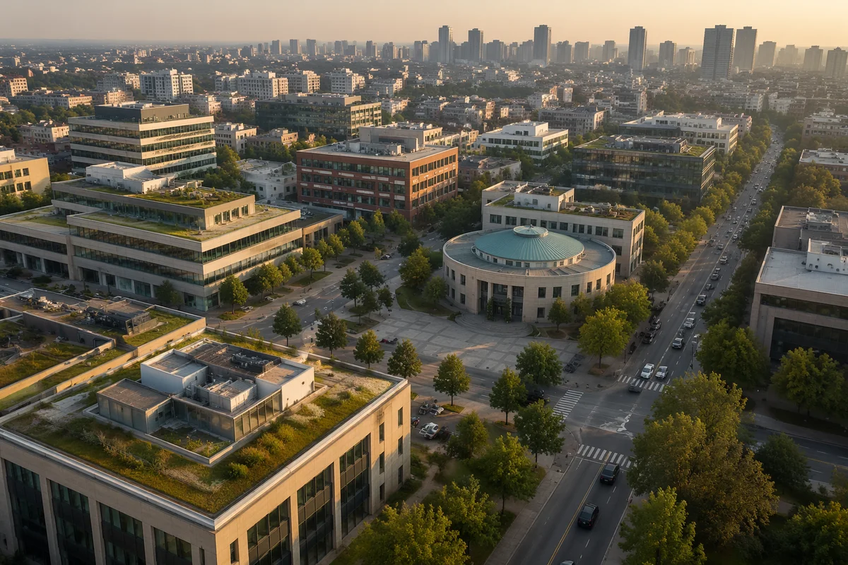 Aerial Urban Office Rooftops at Golden Hour