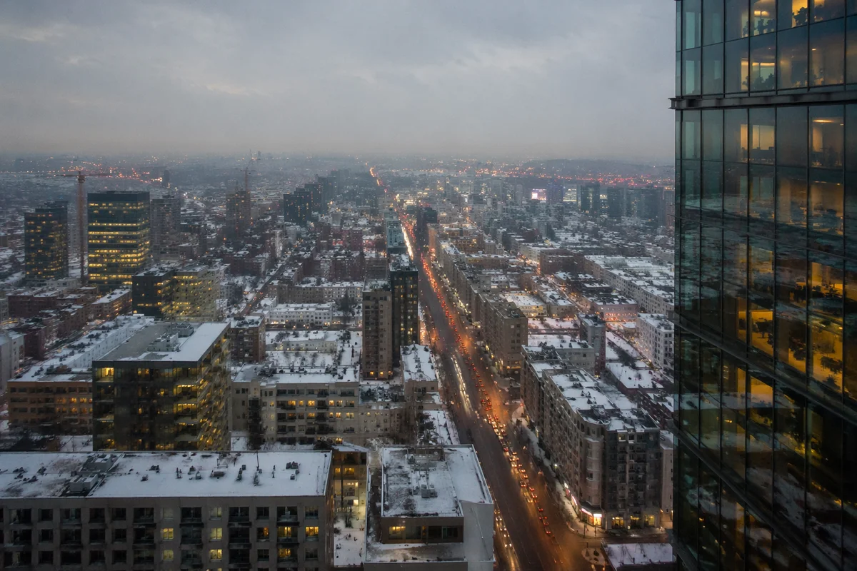 Winter Dusk Business District Rooftop View