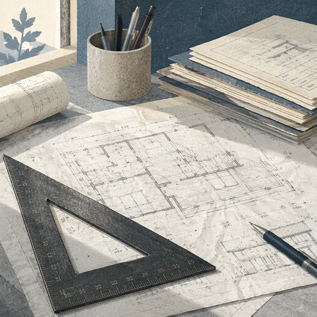 Architectural Blueprint Desk With Drafting Ruler