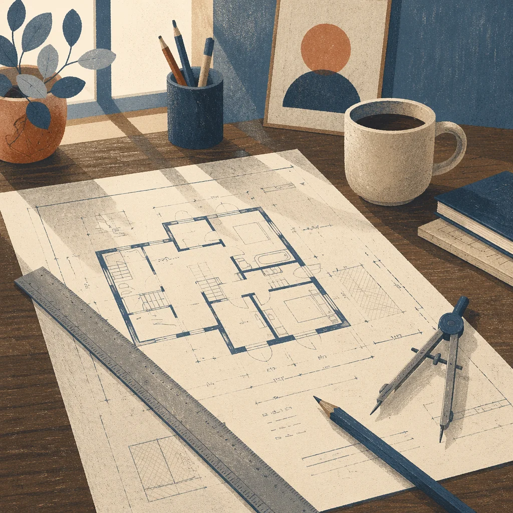 Architectural Blueprint Review on Walnut Desk