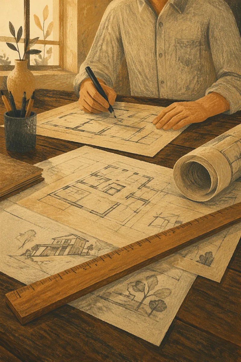 Architectural Blueprint Workspace with Wooden Ruler