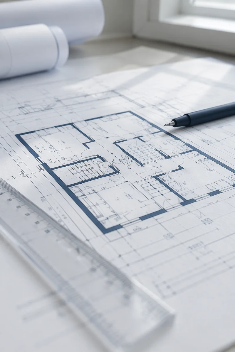 Architectural Blueprint on Desk with Ruler