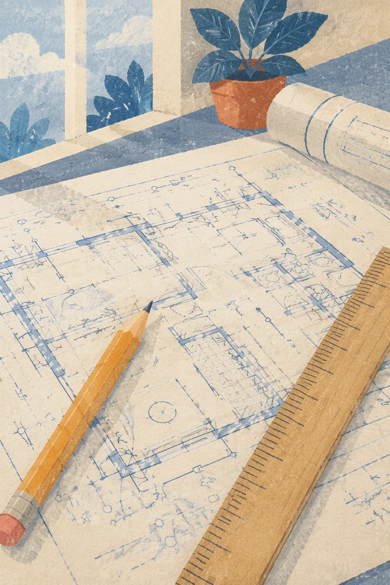 Architectural Blueprint and Ruler on Drafting Desk