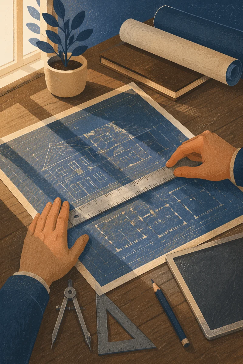 Architect Reviewing Blueprint on Walnut Desk
