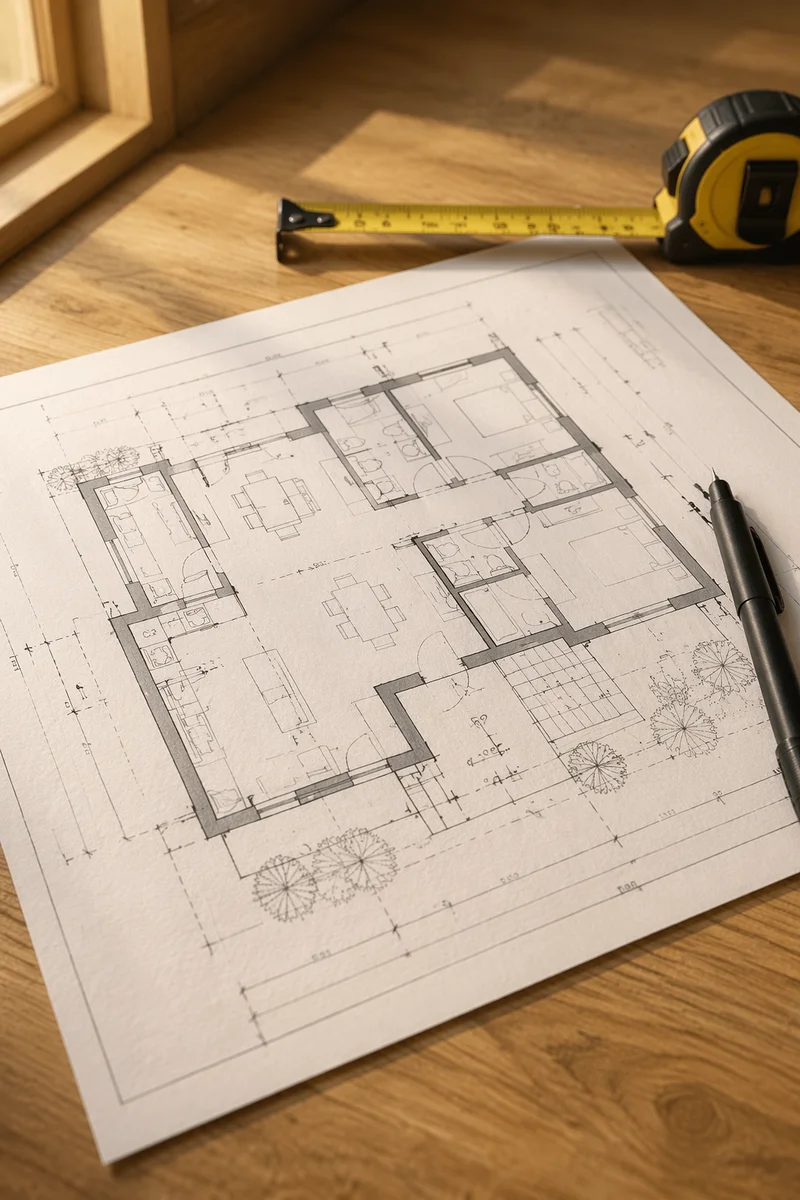Architectural Blueprint and Ruler on Wood Desk