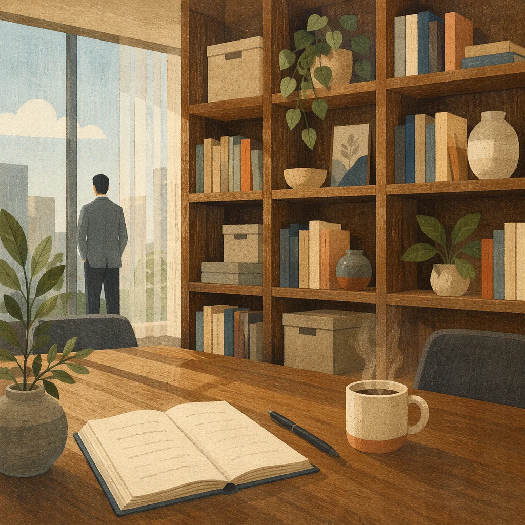 Modern Office Bookshelf with Quiet Wisdom