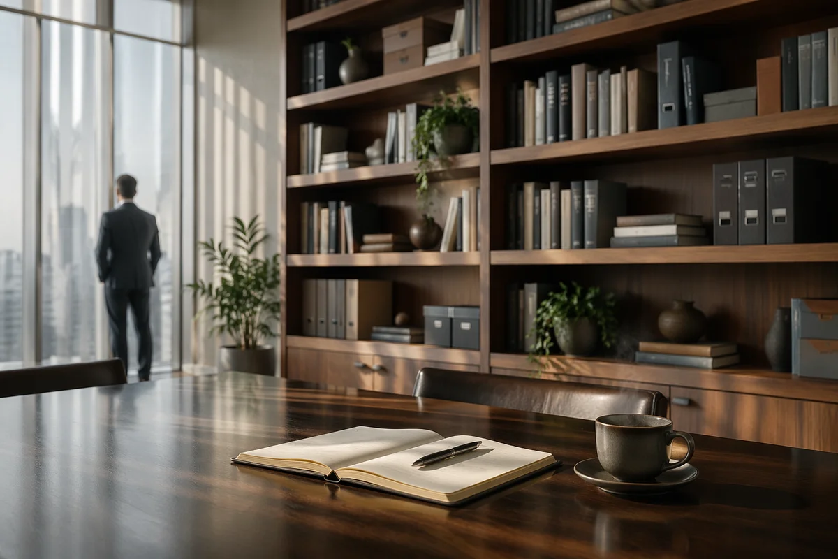 Modern Office Bookshelf with Quiet Wisdom