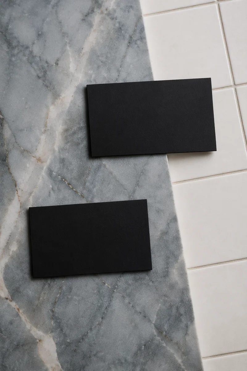 Minimal Black Business Cards on Marble