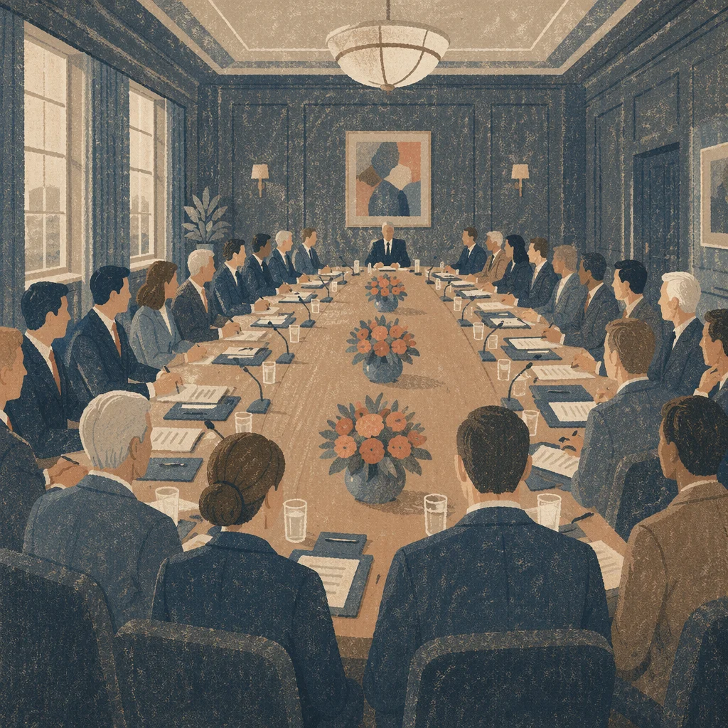 Formal Boardroom Team Meeting in Monochrome
