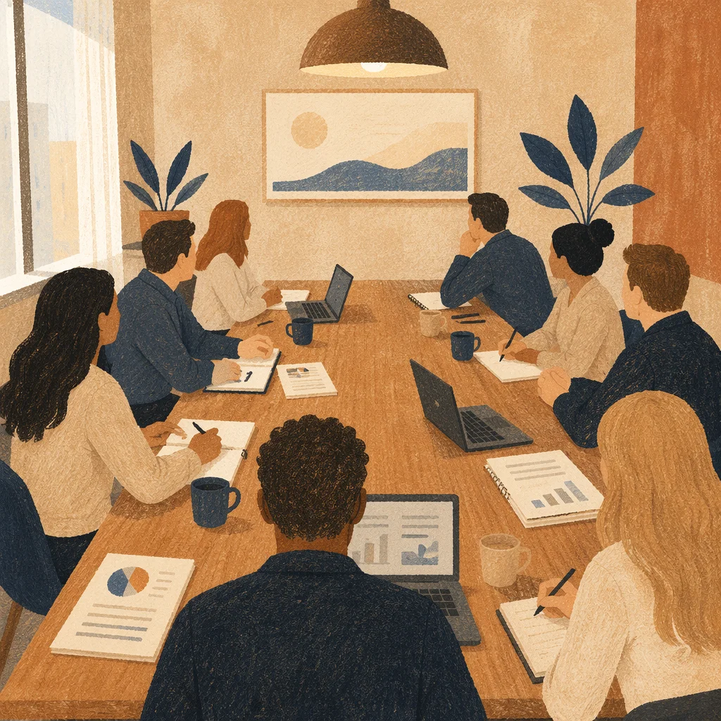 Collaborative Business Meeting Around Wooden Table