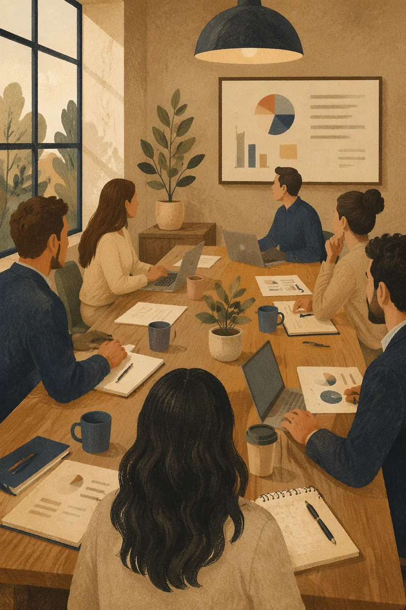 Collaborative Business Meeting Around Wooden Conference Table