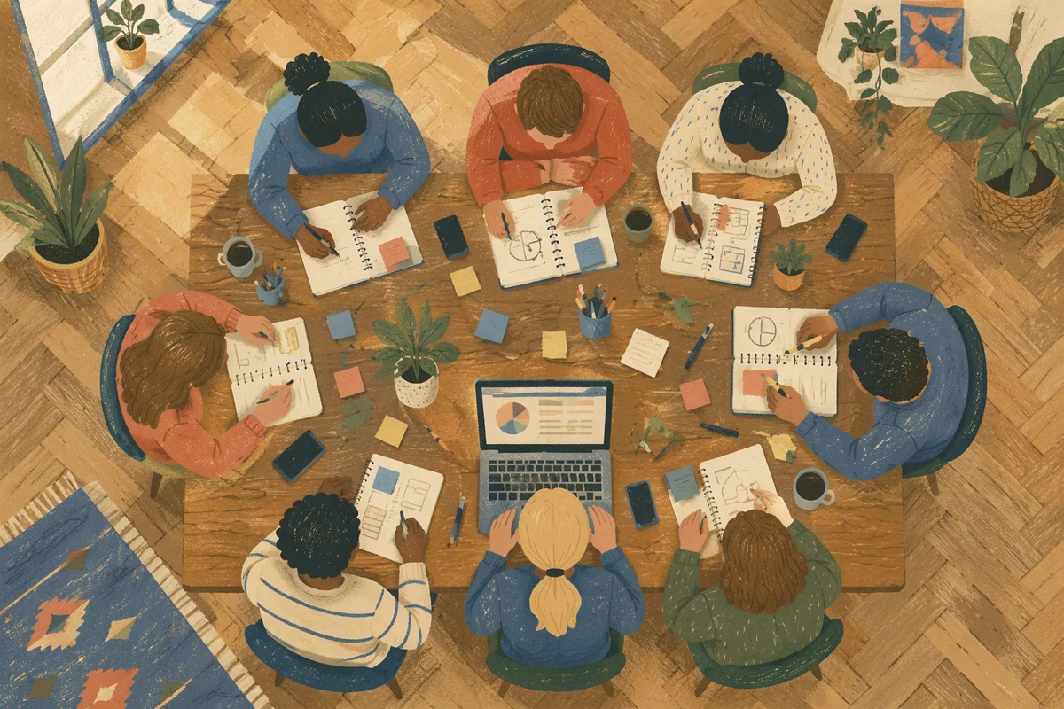 Overhead Team Meeting at Rustic Conference Table