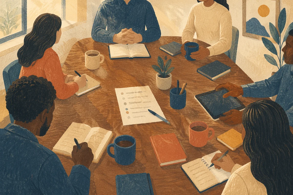 Calm Team Meeting Around Wooden Conference Table