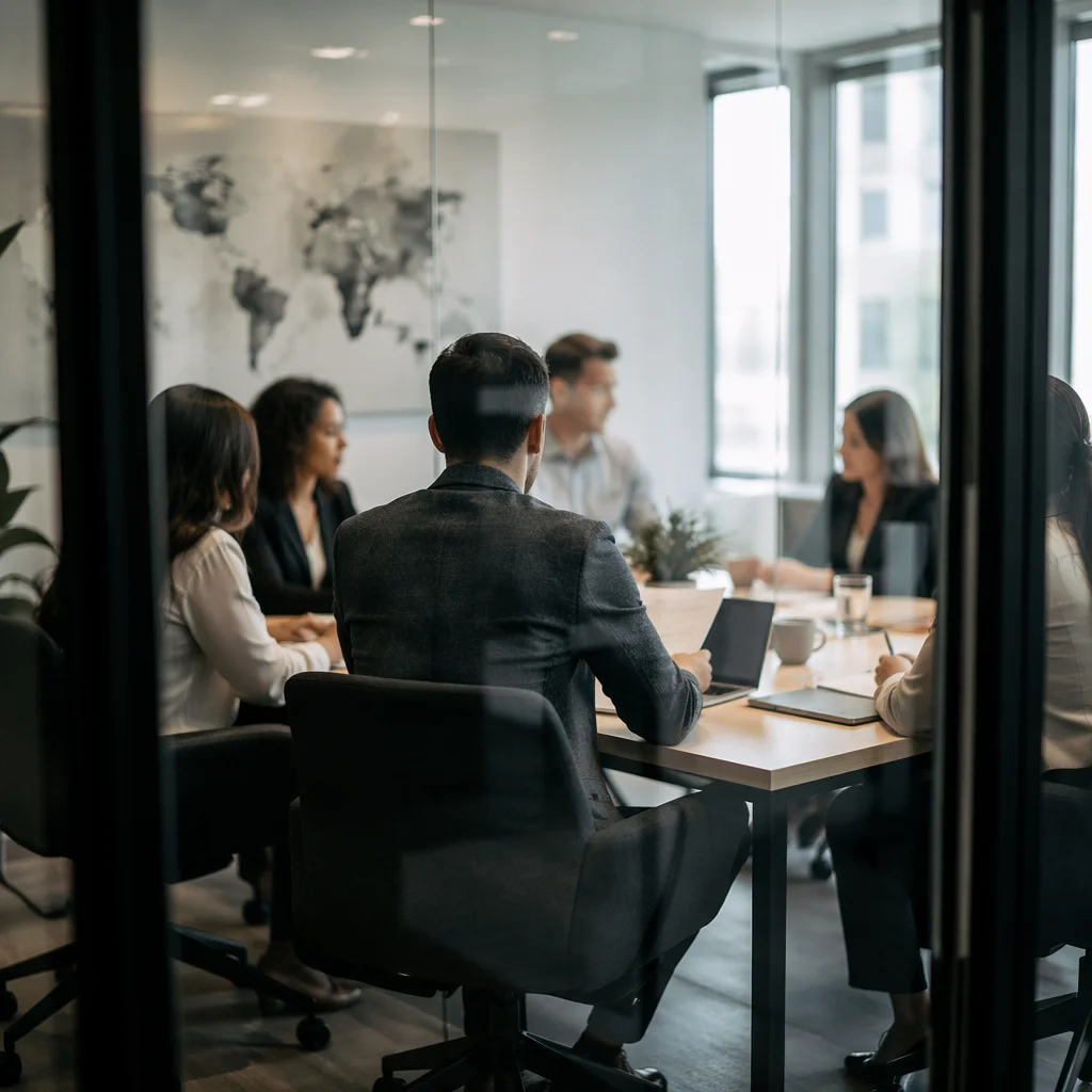 Modern Team Meeting Through Glass Partition
