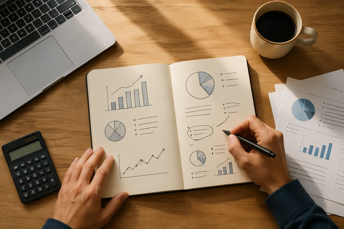Business Planning Notebook on Wooden Desk