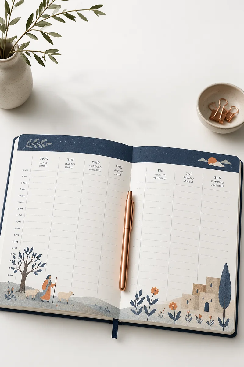 Open Weekly Planner on Clean Desk