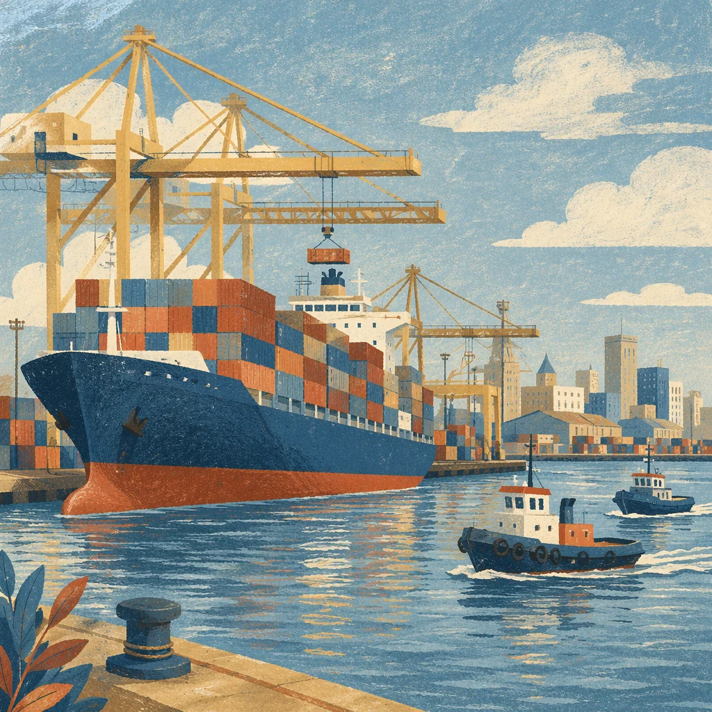 Busy Cargo Port With Container Ship