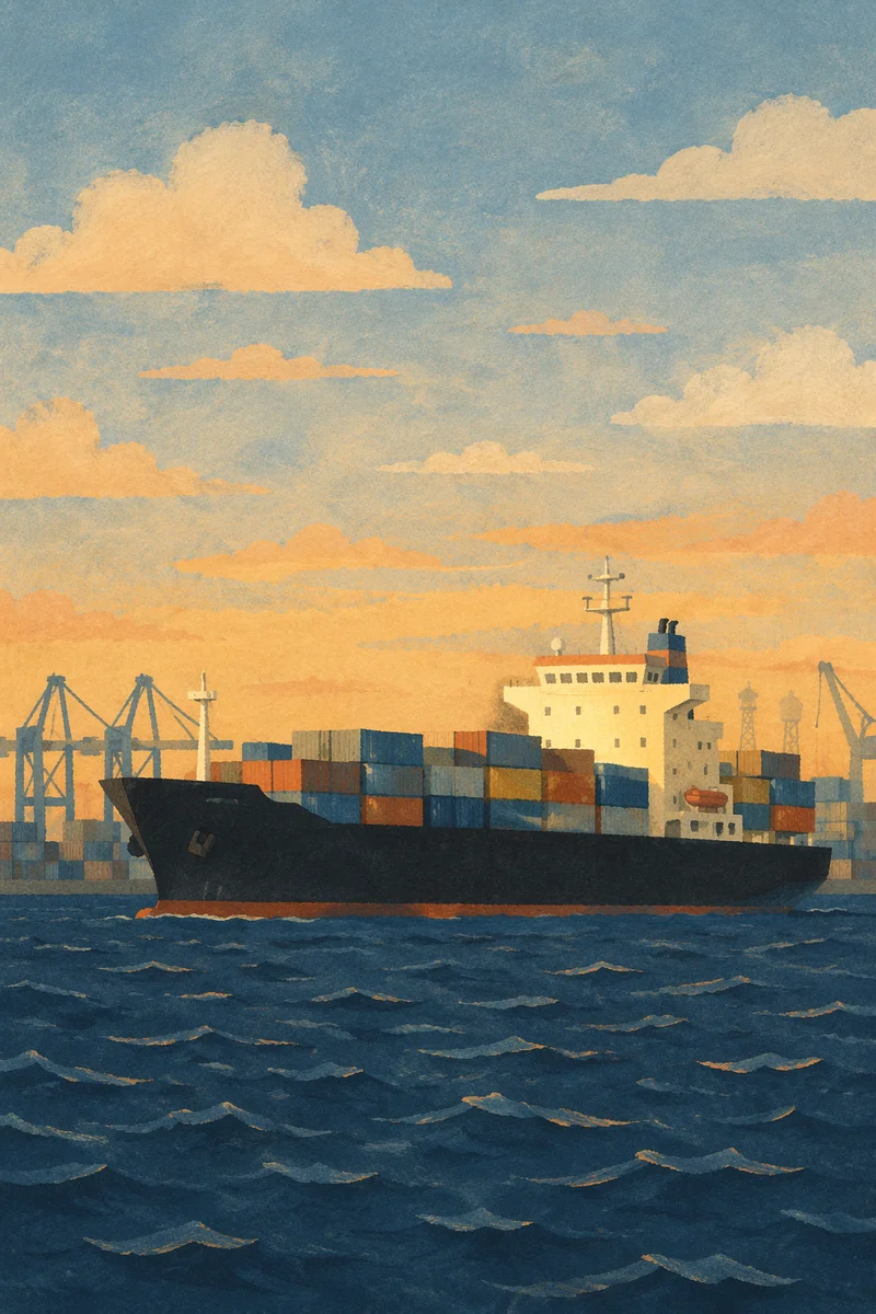 Cargo Ship at Sunset Port Horizon