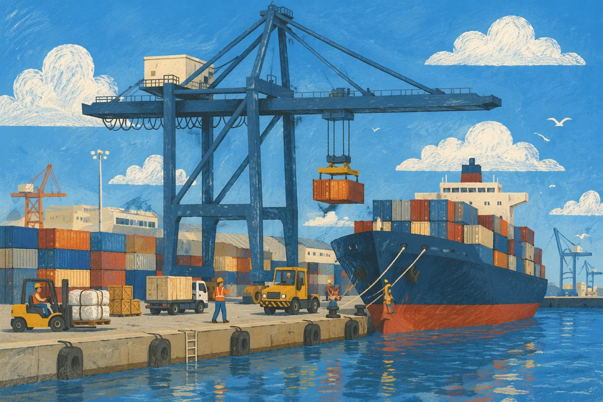 Busy Cargo Port With Container Ship