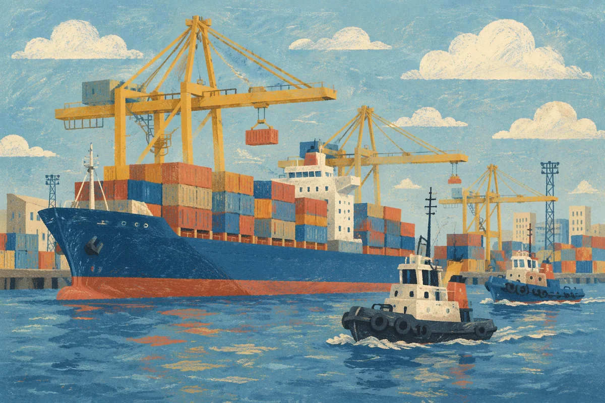 Busy Cargo Port With Container Ship