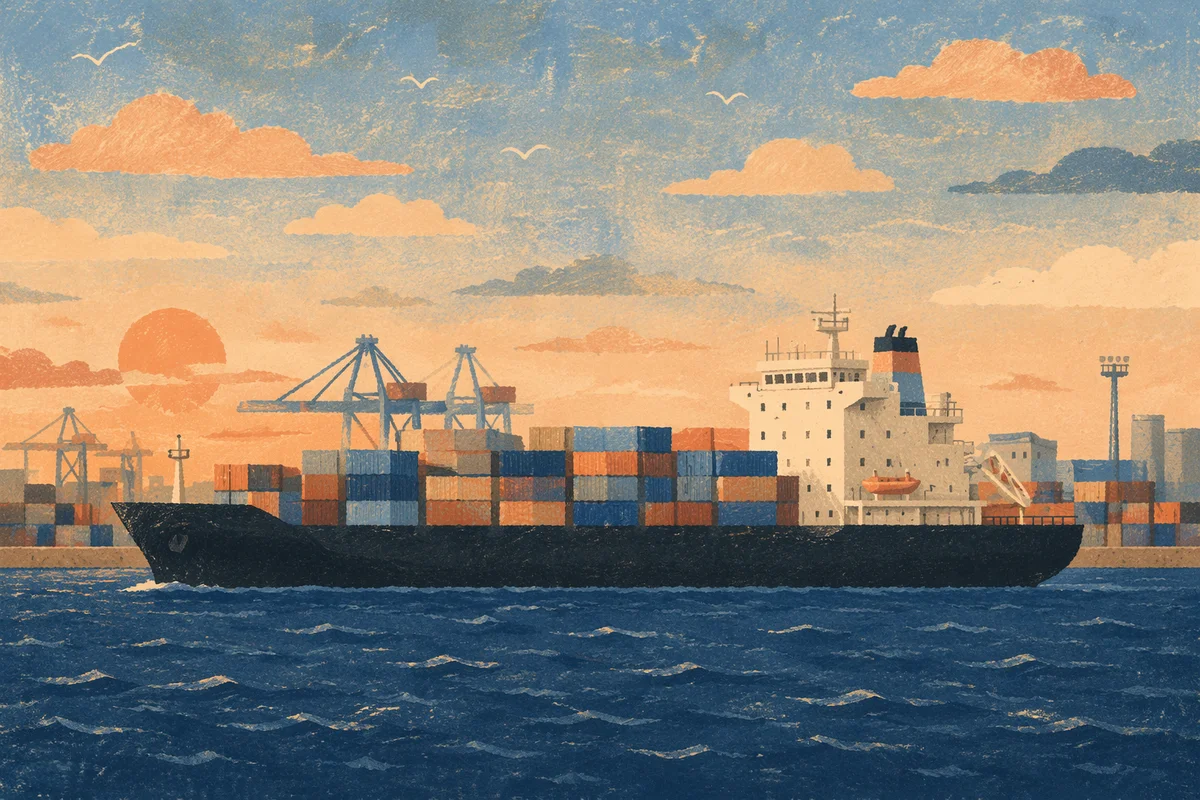 Cargo Ship at Sunset Port Horizon
