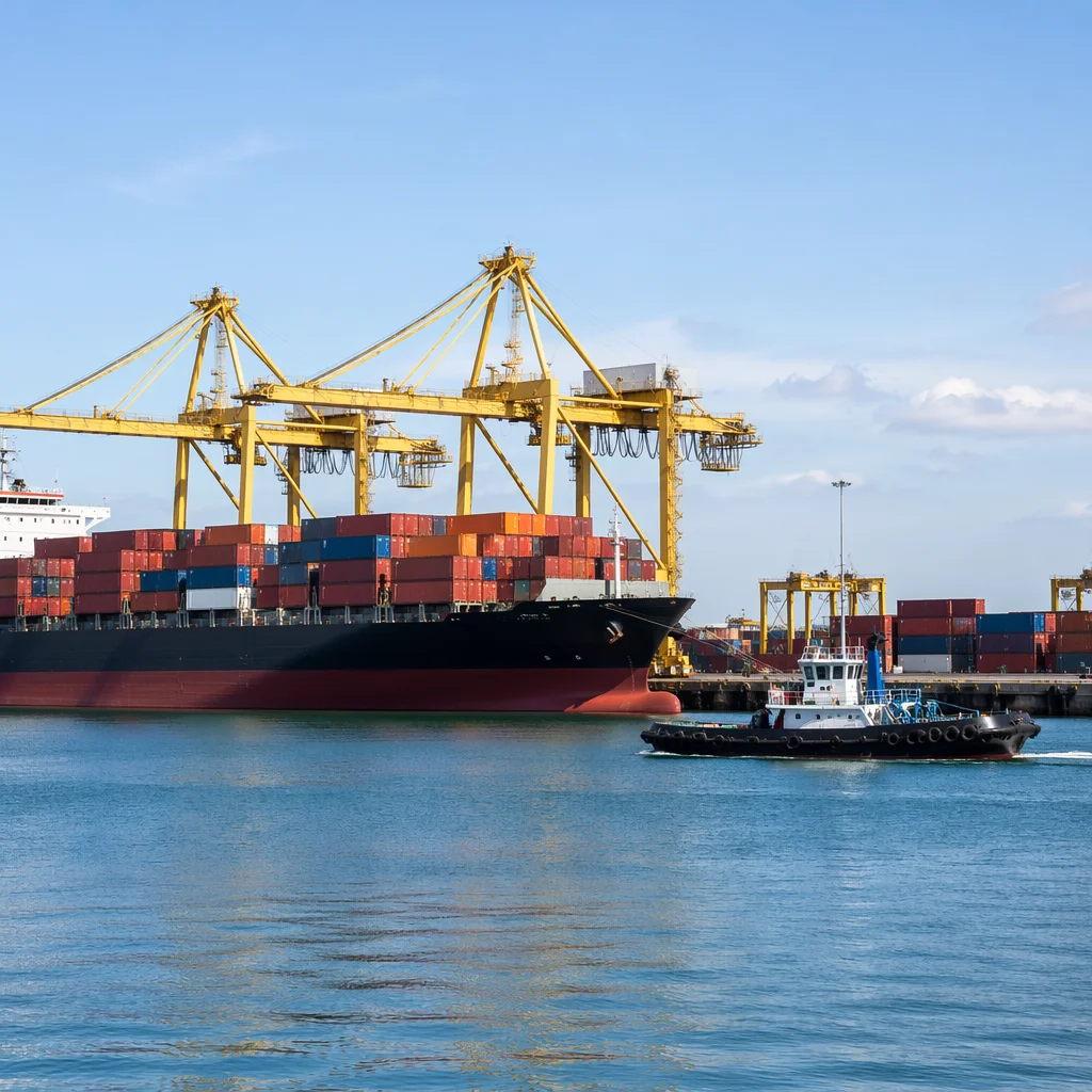 Busy Cargo Port with Container Ship