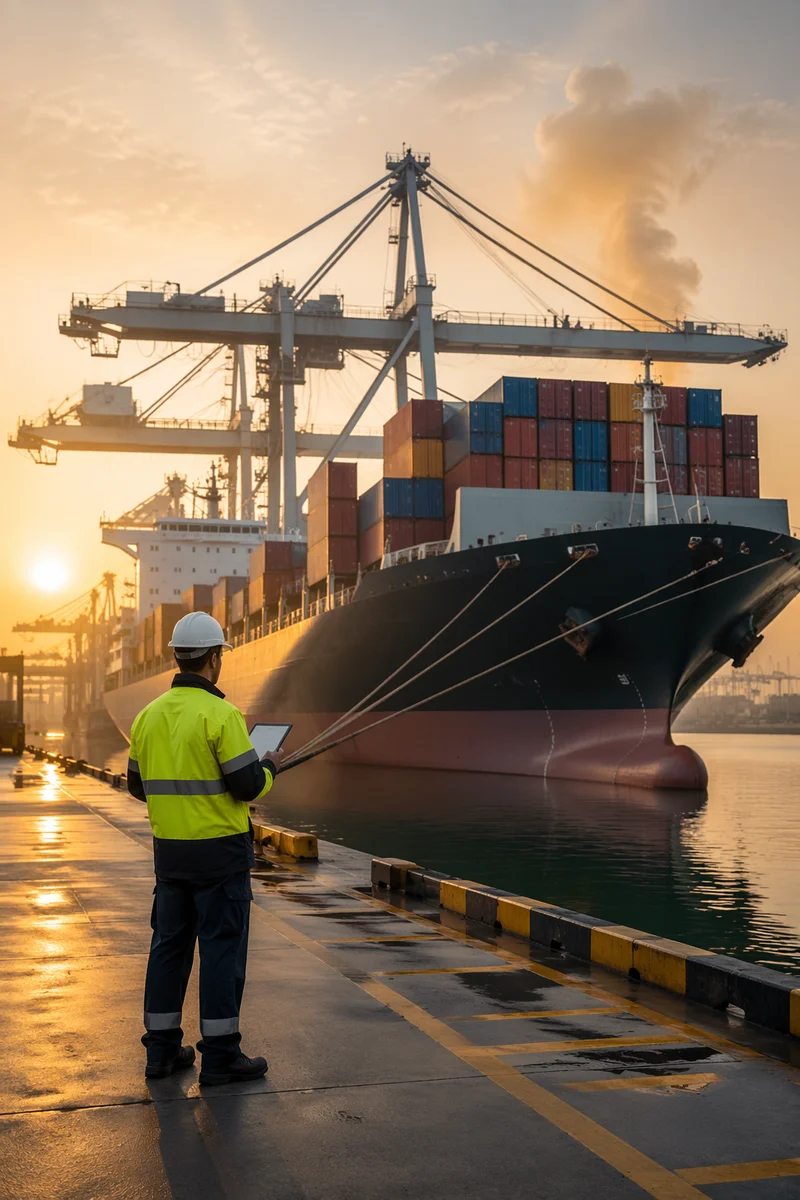 Sunrise Cargo Ship at Busy Container Port