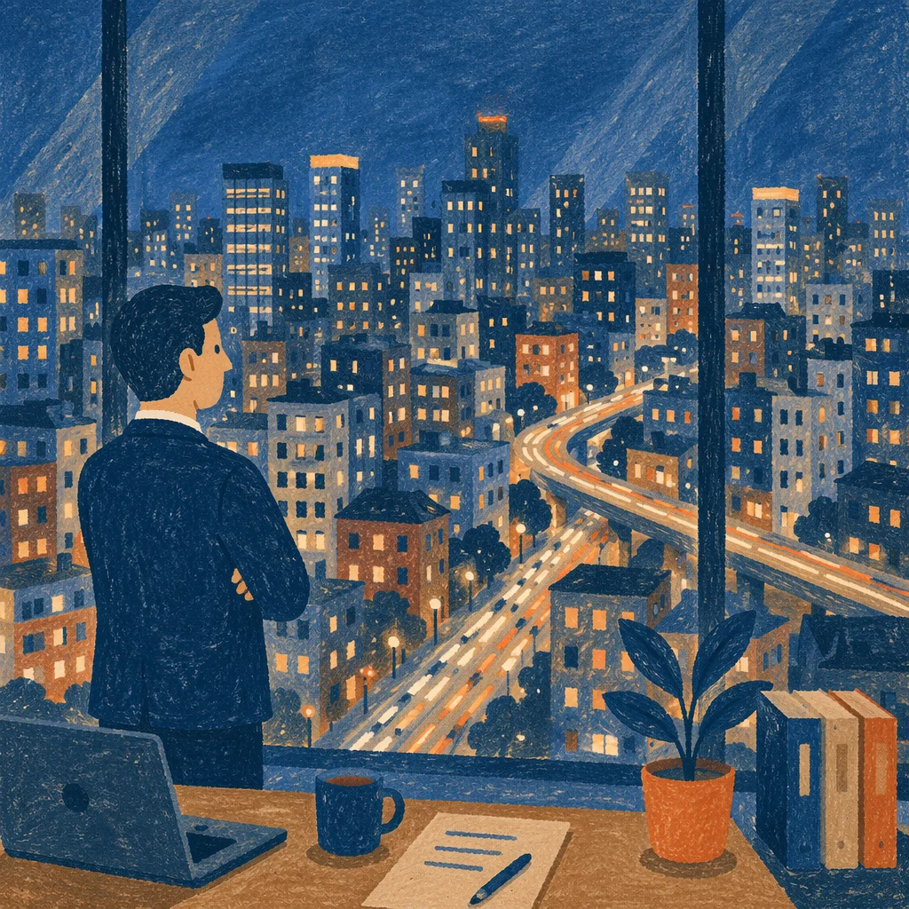 Blue Hour Office Window Cityscape