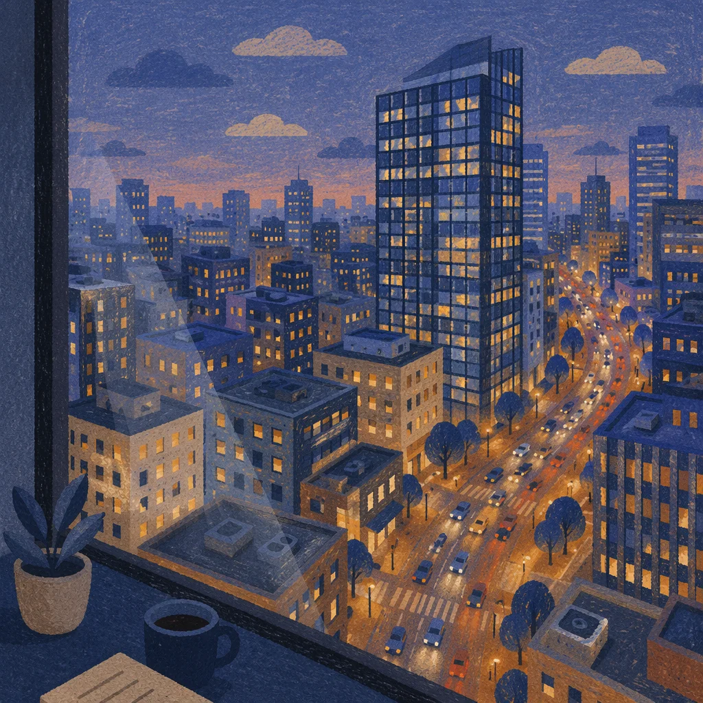 Blue Hour Office View Over Business District
