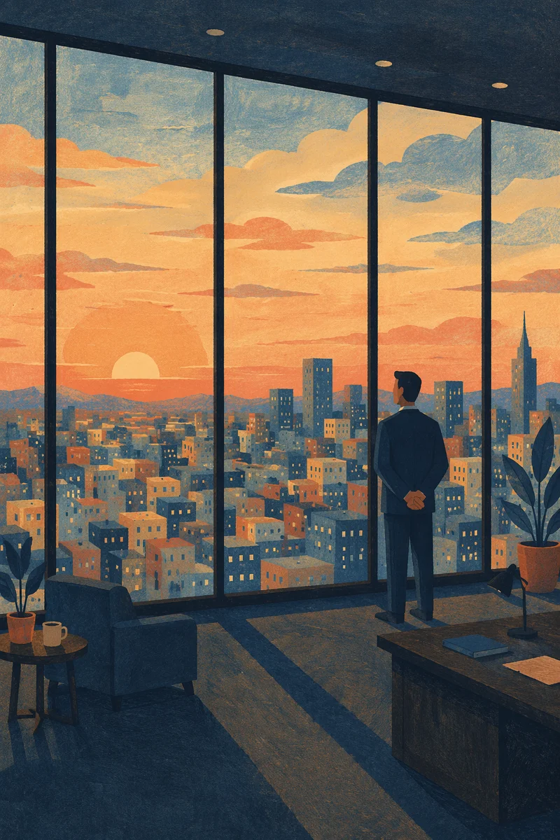 Sunset Cityscape Through Executive Office Windows