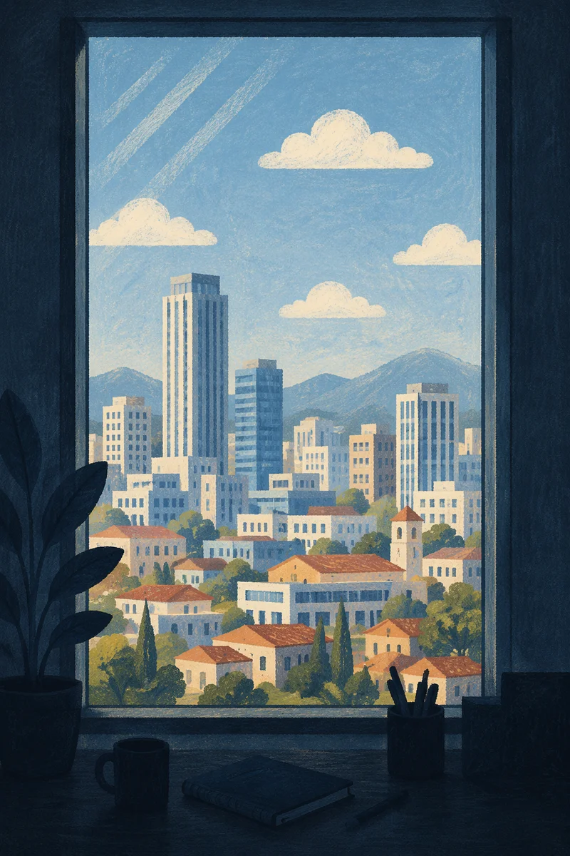 Bright Cityscape Through High Office Window