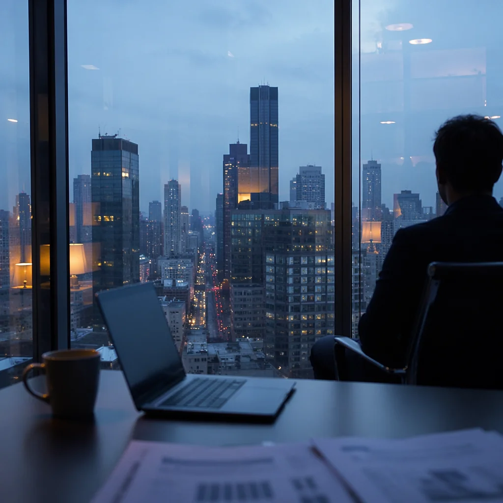 Blue Hour Office Window Cityscape View